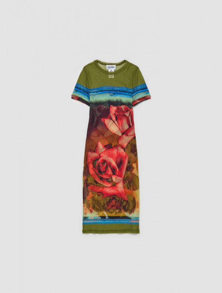 Jean Paul Gaultier - Mesh Short Sleeve Printed Roses Dress in Multicolor - 24 25-F-RO091-T547-403050