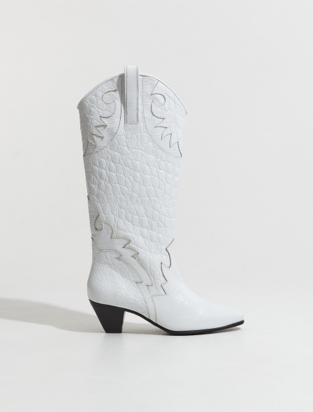 By Far - Melvin Croco Lizard Leather Boots in Optic White - 23CRMLVDOWCRLZ