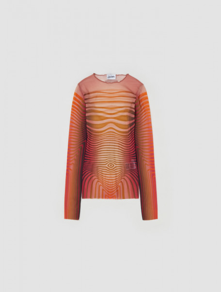 Jean Paul Gaultier - Morphing Stripes Long Sleeved Crew Neck in Red & Orange - 23 12-U-TO065-T523-3015