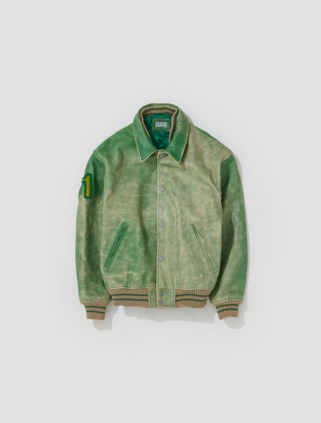 GUESS USA - Distressed Leather Letterman Jacket in Green - M3GL01L0SC0-F8DW