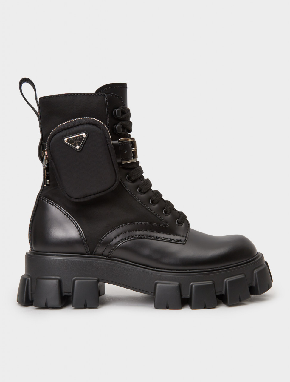 Prada Brushed Leather and Nylon Combat Boot in Black | Voo Store Berlin ...