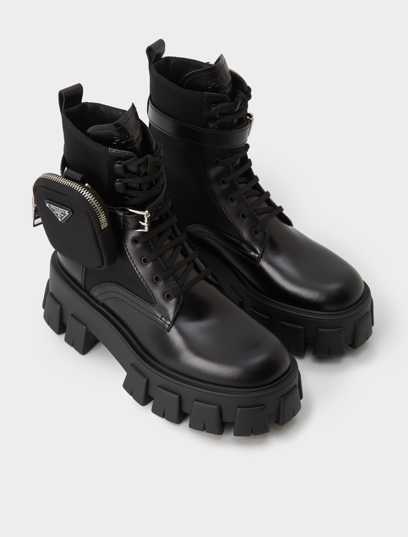 Prada Leather Combat Boots with Removable Nylon Pouch | Voo Store