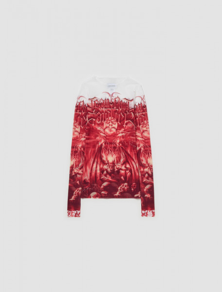 Jean Paul Gaultier - Mesh Long Sleeve Printed Diablo Top in White & Red - 24 25-U-TO137-T546-0130