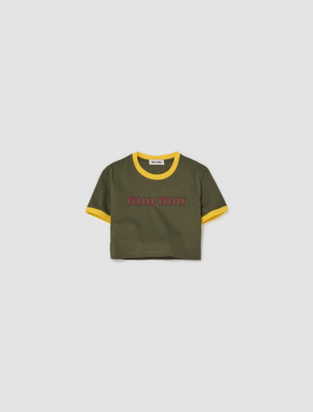Miu Miu - Cropped Logo T-Shirt in Military & Yellow - MJN519_115L_F0O4J