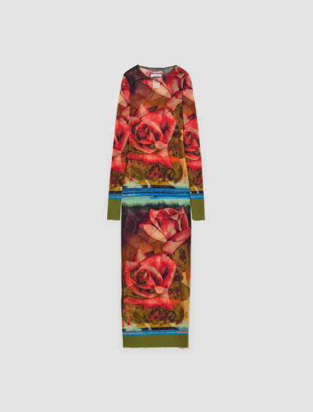 Jean Paul Gaultier - Mesh Long Sleeve Printed Roses Dress in Multicolor - 24 25-F-RO090-T547-403050