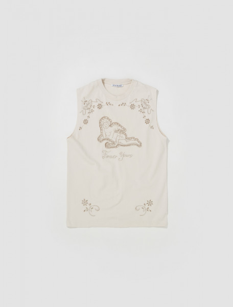 Acne Studios - Embroidered Sleeveless T-Shirt in Ecru Beige - AL0320-AE9-FN-WN-TSHI000519