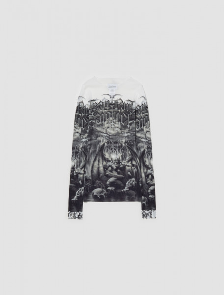 Jean Paul Gaultier - Mesh Long Sleeve Printed Diablo Top in White & Black - 24 25-U-TO137-T546-0100