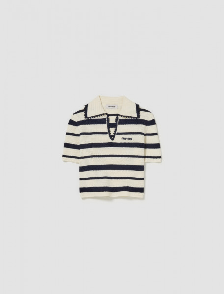 Miu Miu - Cotton Knit Polo Shirt in White & Navy - MML875_138S_F0UB0
