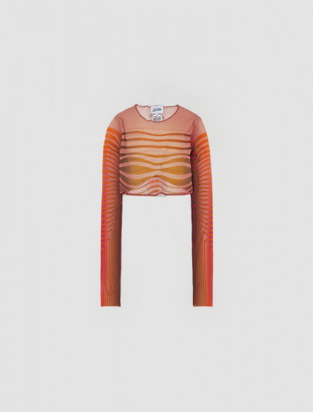Jean Paul Gaultier - Fleur Morphing Stripes Long Sleeved Cropped Top in Red & Orange - 23 12-F-TO066-T523-3015