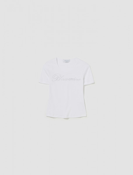Blumarine - Rib Knit Crystal T-Shirt in White - 4T028A-N0100