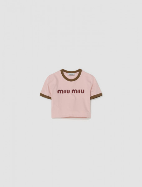 Miu Miu - Cropped Logo T-Shirt in Pink & Khaki - MJN519_115L_F03Q0