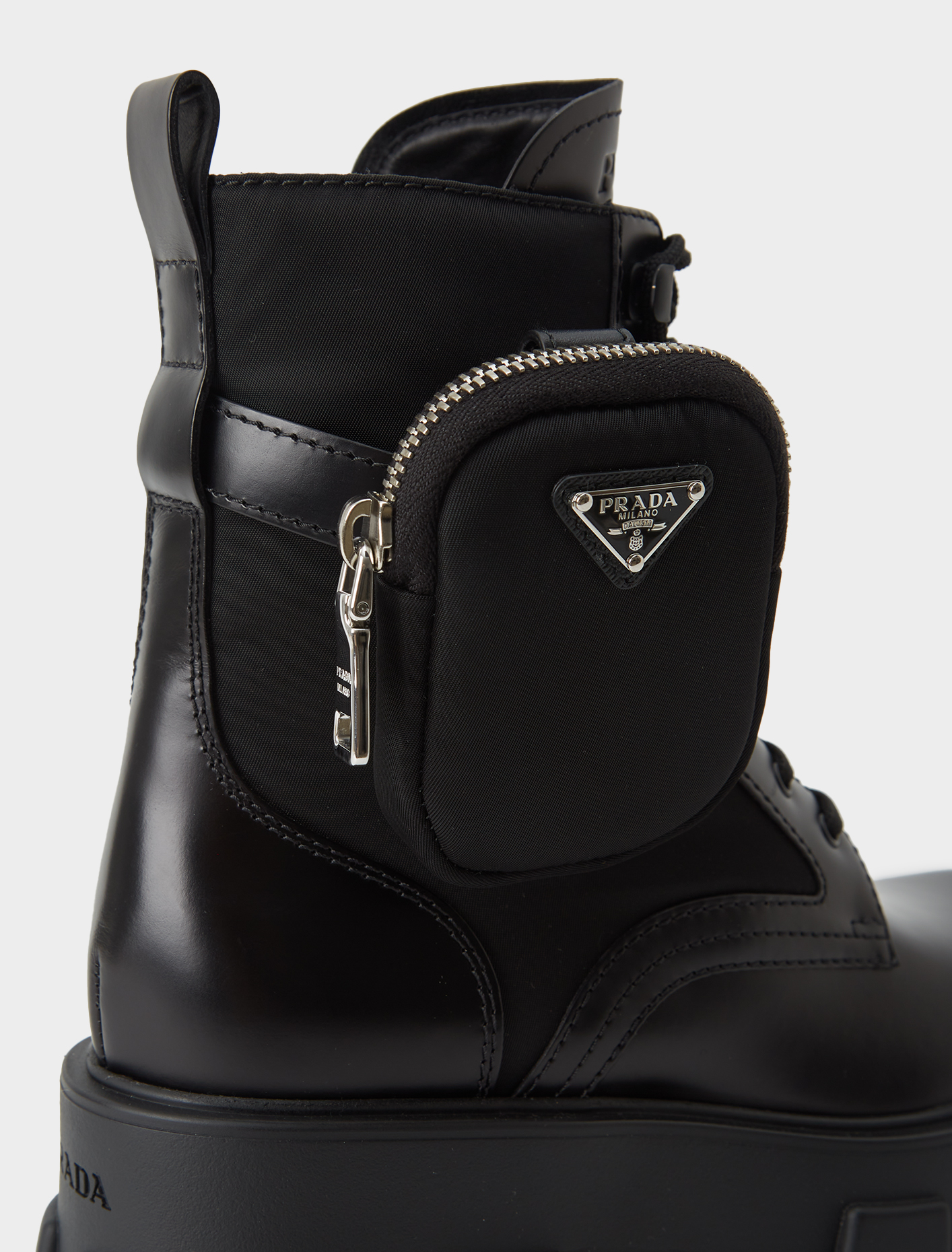 Prada Leather Combat Boots with Removable Nylon Pouch | Voo Store