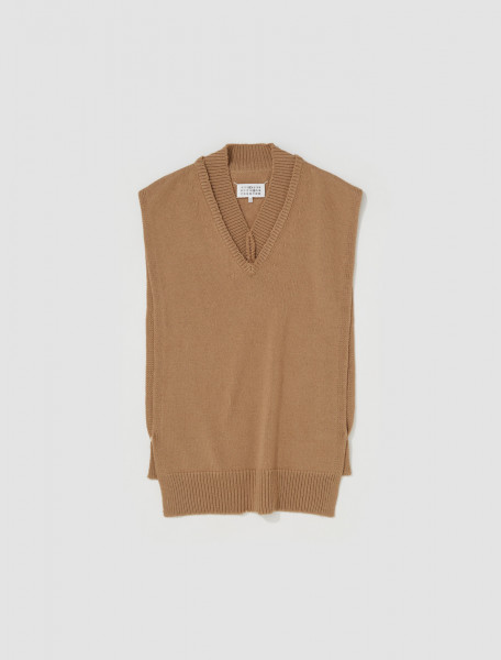 Maison Margiela - V-Neck Knitted Stole in Beige - SI1TH0001