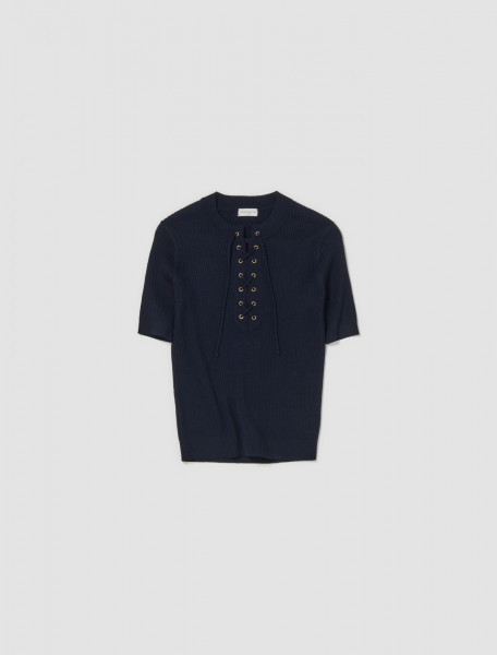 Dries Van Noten - Taru Lace-Up T-Shirt in Navy - 241-011236-8720-509