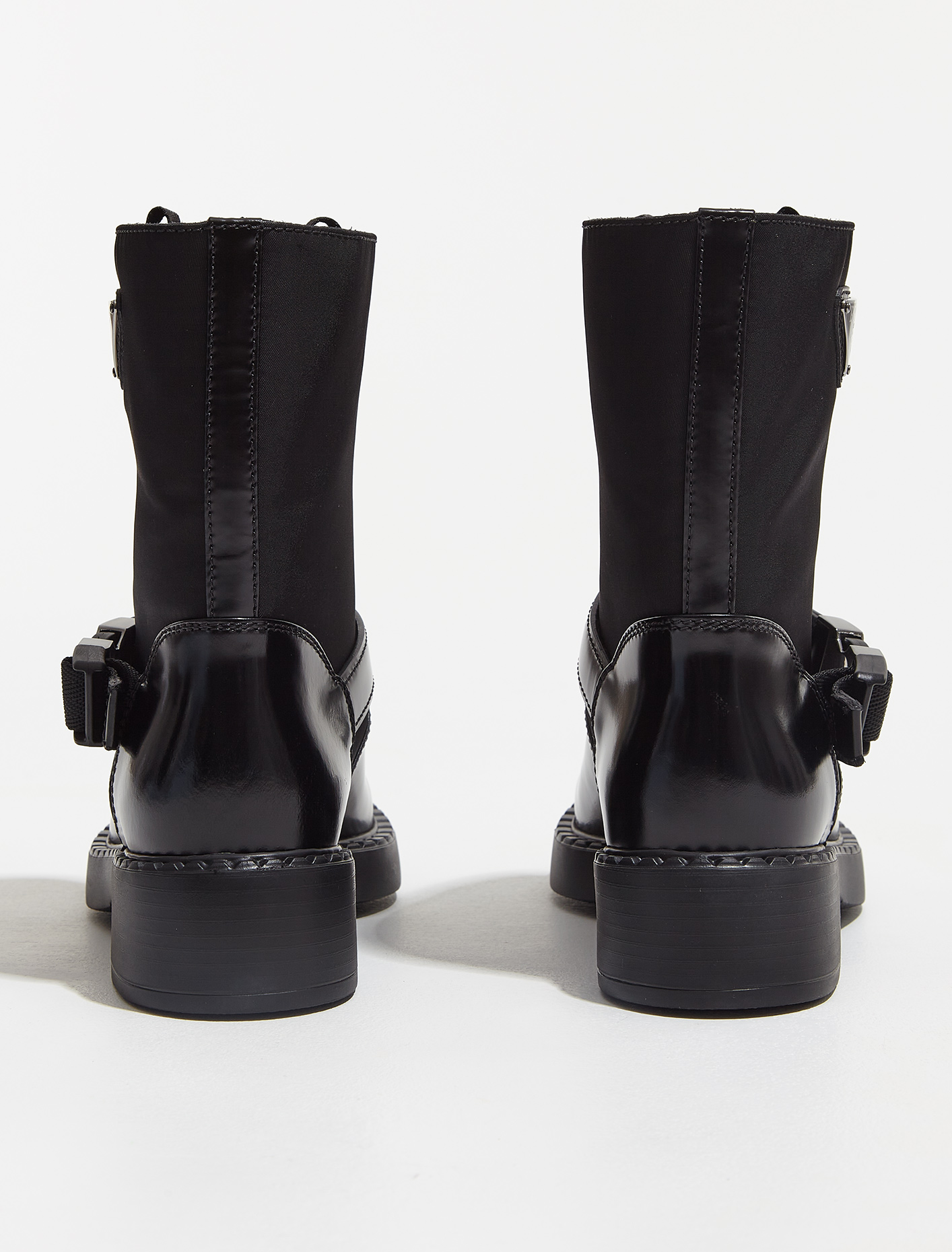 Prada Brushed Leather and Re-Nylon Buckled Booties in Black | Voo 