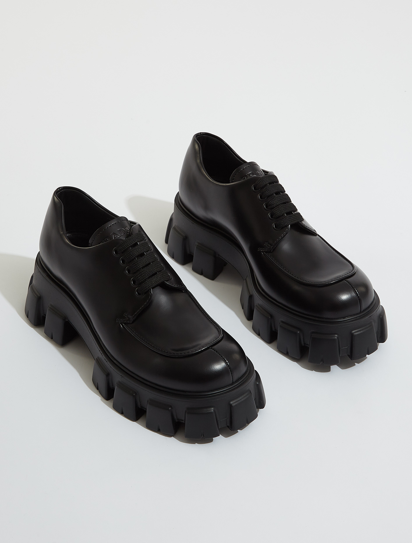 Prada Monolith Brushed Leather Lace-up Shoes in Black | Voo Store 